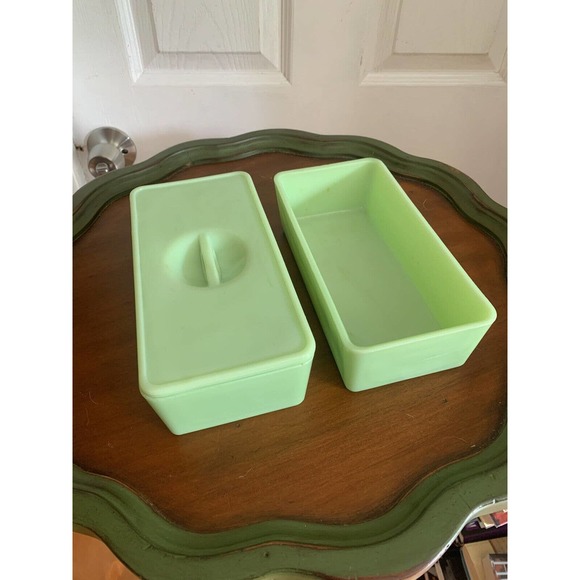 Copied - Vintage Jadite Refrigerator Dishes, 1 lid, 8.5 X 4.25, Glows - Picture 1 of 9
